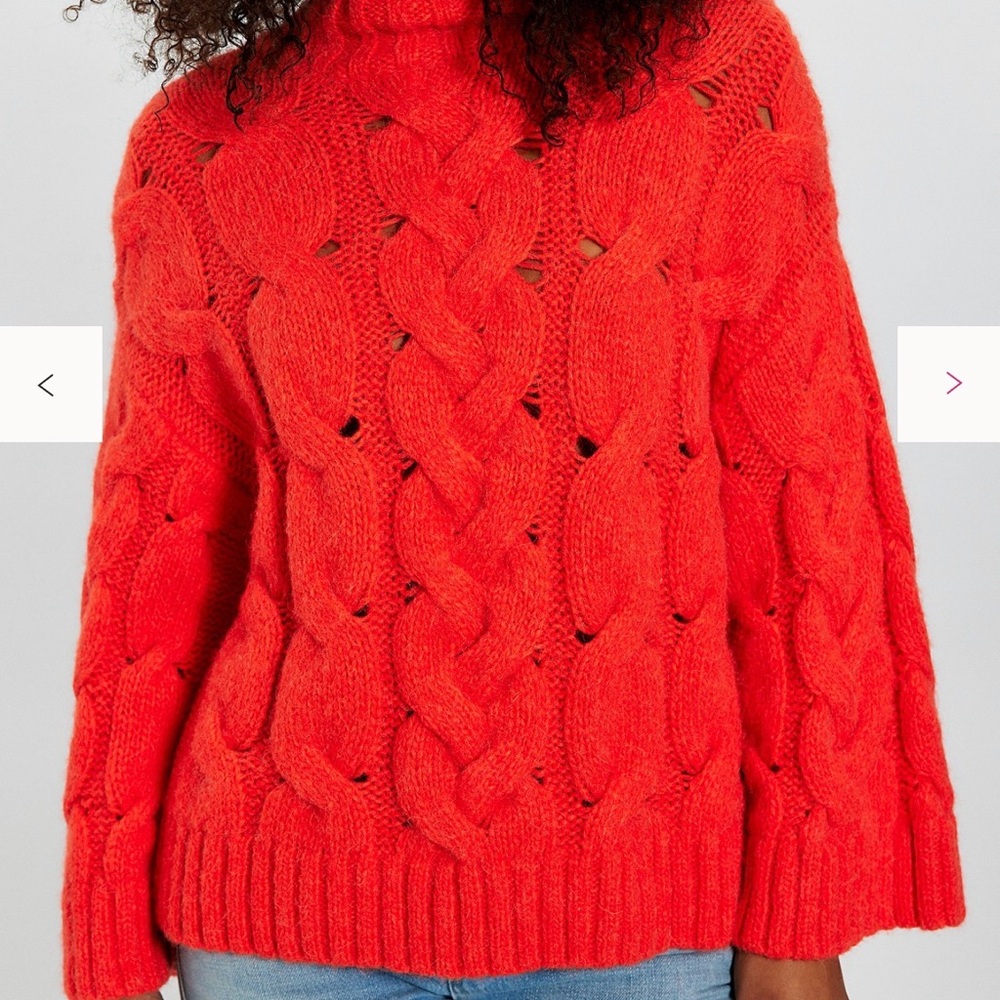Free People Bold Red Cable Knit Turtleneck Sweater